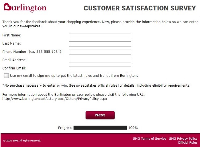 Burlington online survey contact information image