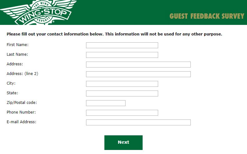 Wingstop Online Survey Contact Details Image