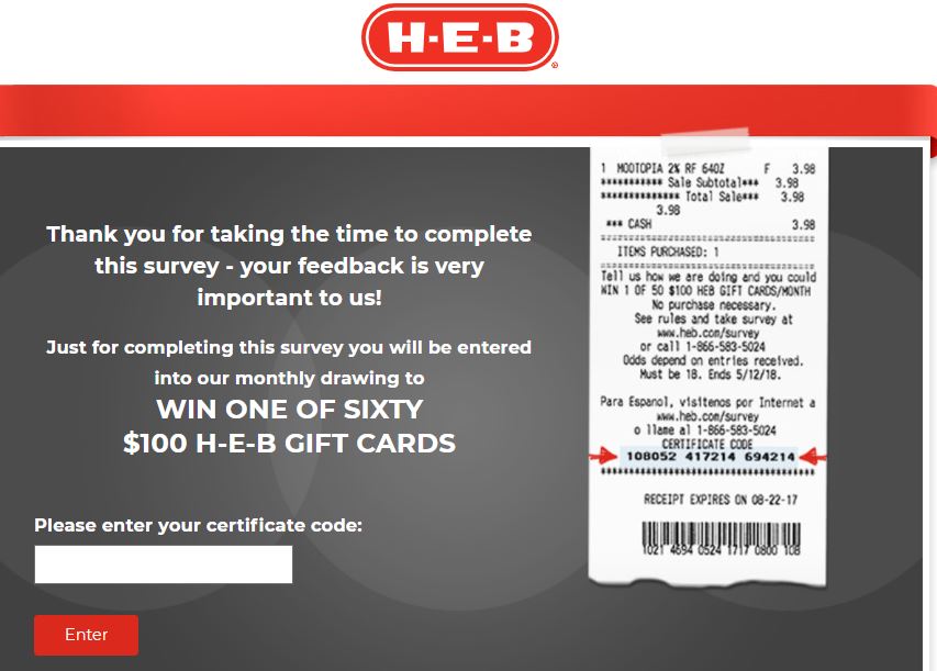 heb receipt survey certificate code entry image