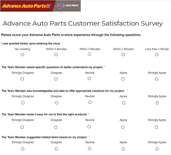 Advance Auto Parts Feedback Survey Questions Image