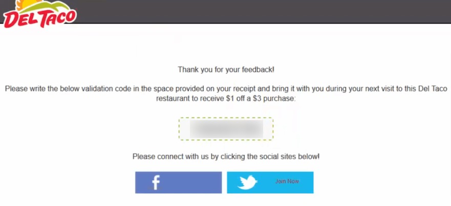 Del Taco Customer Survey Validation Code Image