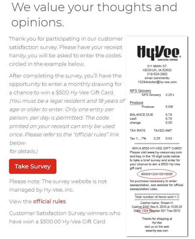 Hy Vee customer satisfaction survey page image