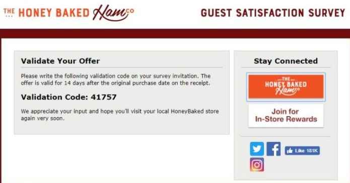 honey baked survey validation code image
