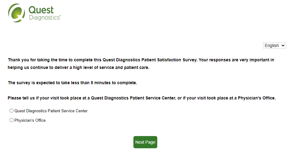 questdiagnosticsfeedback survey page image