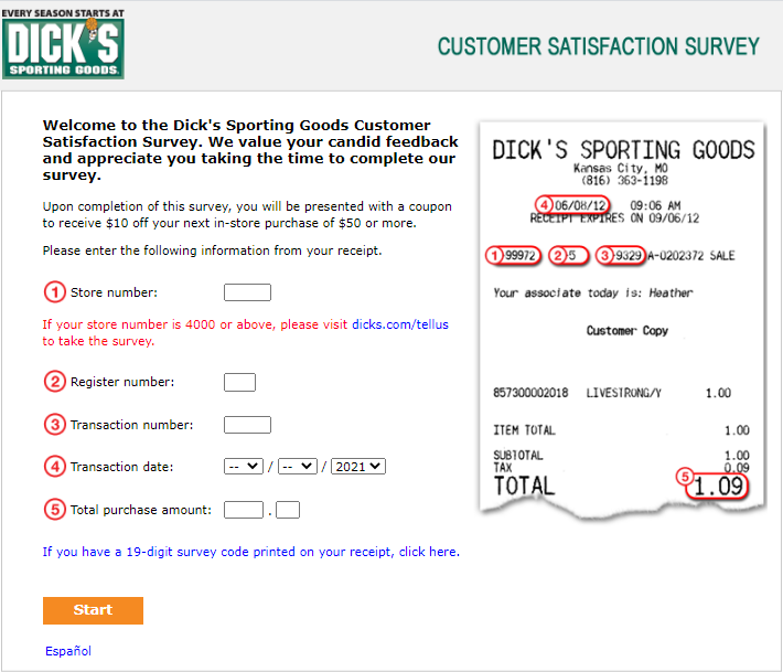 Dicks Feedback Survey Receipt Details Image