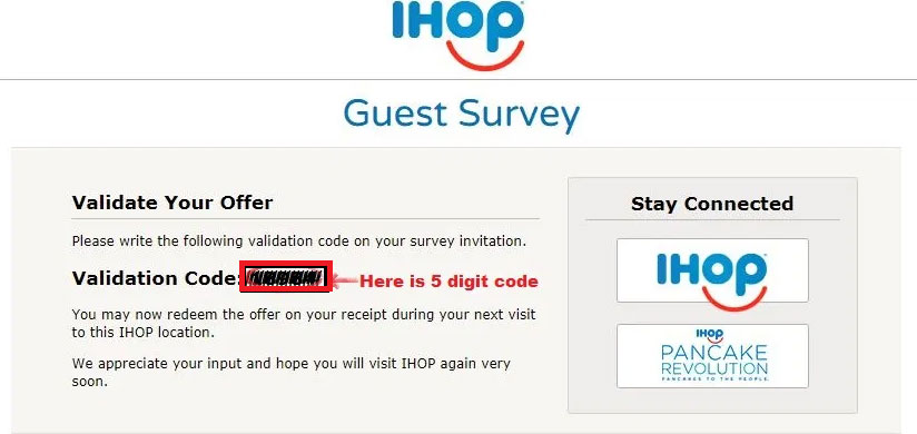 IHOP Guest Survey Validation Code Image