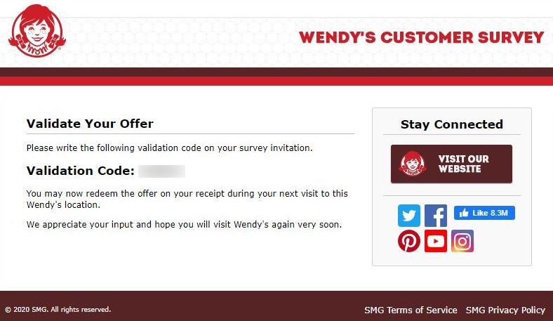 Wendy's Customer Survey Validation Offer Code Image