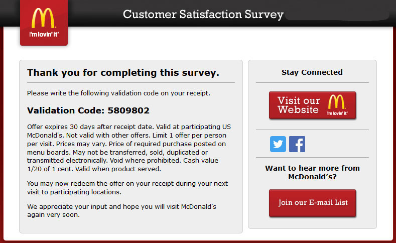 McDvoice Guest Experience Survey Validation Code Image